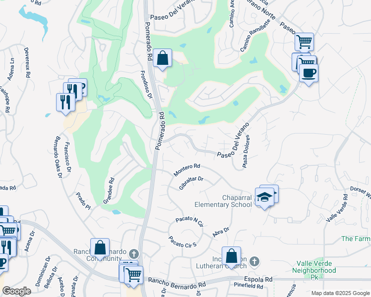 map of restaurants, bars, coffee shops, grocery stores, and more near 17431 Plaza Destacado in San Diego