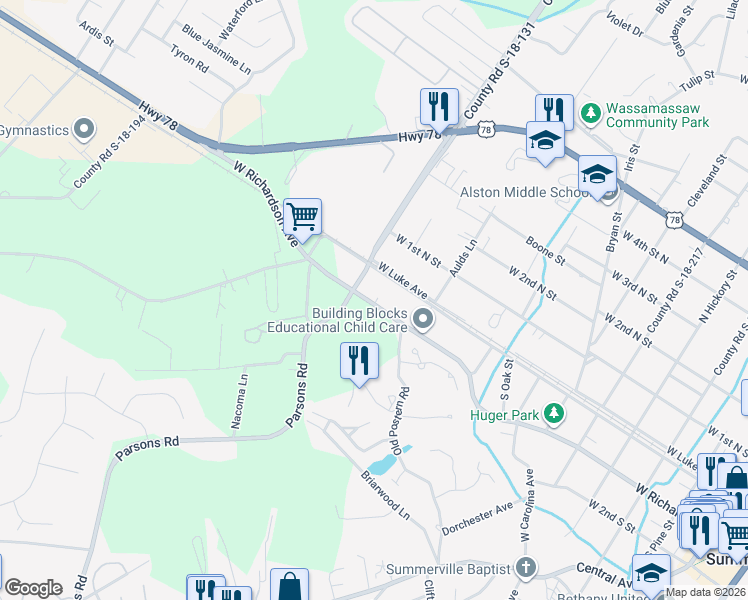 map of restaurants, bars, coffee shops, grocery stores, and more near 930 West Doty Avenue in Summerville