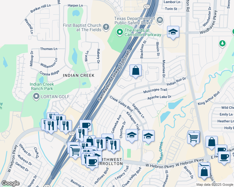 map of restaurants, bars, coffee shops, grocery stores, and more near 4320 Creek Valley Boulevard in Carrollton