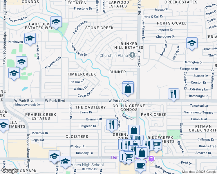 map of restaurants, bars, coffee shops, grocery stores, and more near 2028 Willowbrook Way in Plano