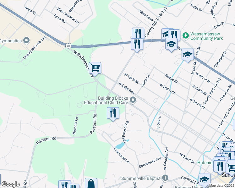 map of restaurants, bars, coffee shops, grocery stores, and more near 839 West Richardson Avenue in Summerville