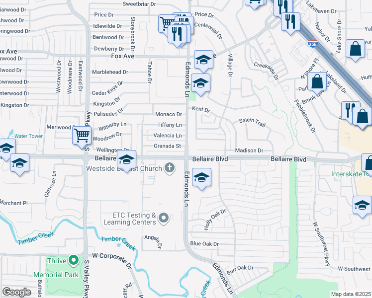 map of restaurants, bars, coffee shops, grocery stores, and more near 1157 South Edmonds Lane in Lewisville