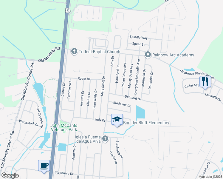 map of restaurants, bars, coffee shops, grocery stores, and more near 513 Amy Drive in Goose Creek