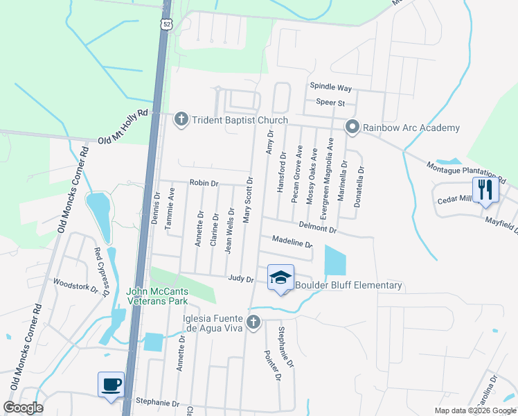 map of restaurants, bars, coffee shops, grocery stores, and more near 513 Amy Drive in Goose Creek
