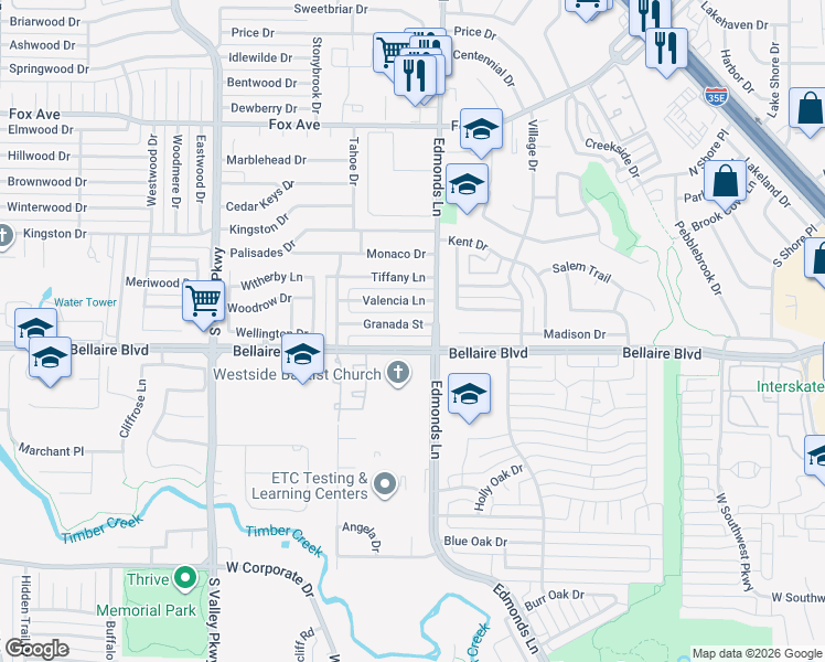 map of restaurants, bars, coffee shops, grocery stores, and more near 1207 Granada Street in Lewisville