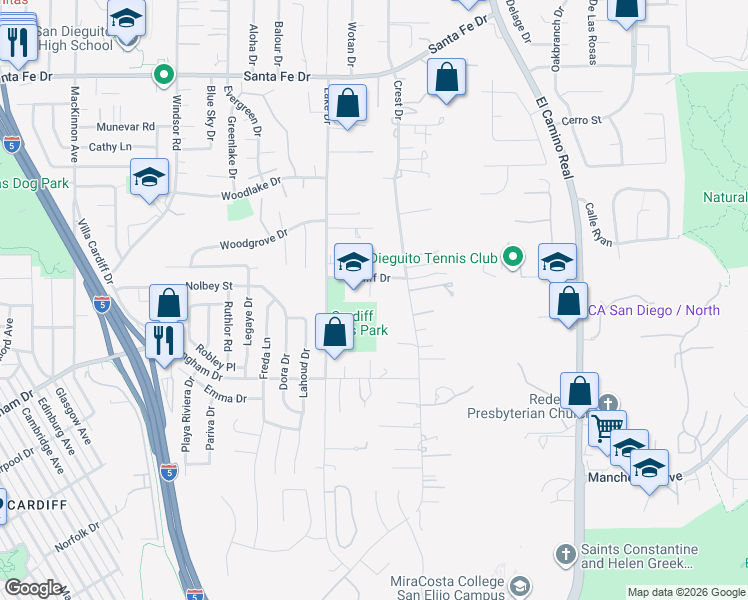 map of restaurants, bars, coffee shops, grocery stores, and more near 1200 Cardiff Drive in Encinitas
