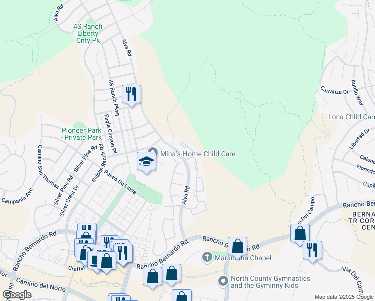 map of restaurants, bars, coffee shops, grocery stores, and more near 17161 Alva Road in San Diego