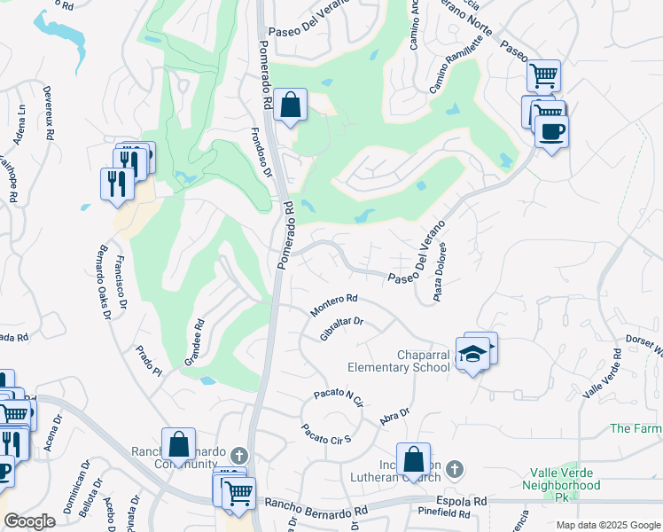 map of restaurants, bars, coffee shops, grocery stores, and more near 17431 Plaza Destacado in San Diego