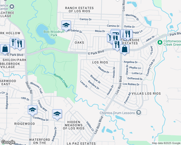 map of restaurants, bars, coffee shops, grocery stores, and more near 3917 Bosque Drive in Plano