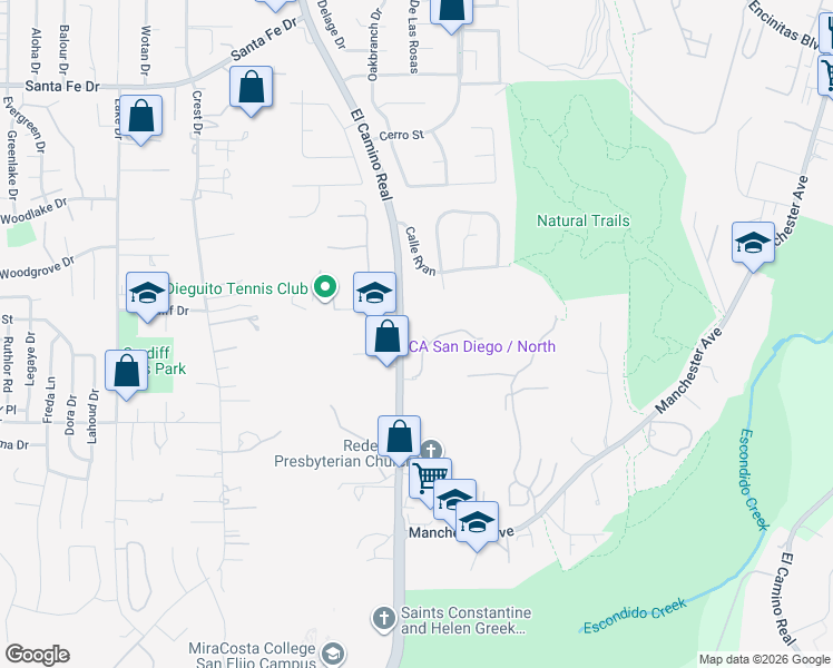 map of restaurants, bars, coffee shops, grocery stores, and more near 3655 Sage Canyon Drive in Encinitas