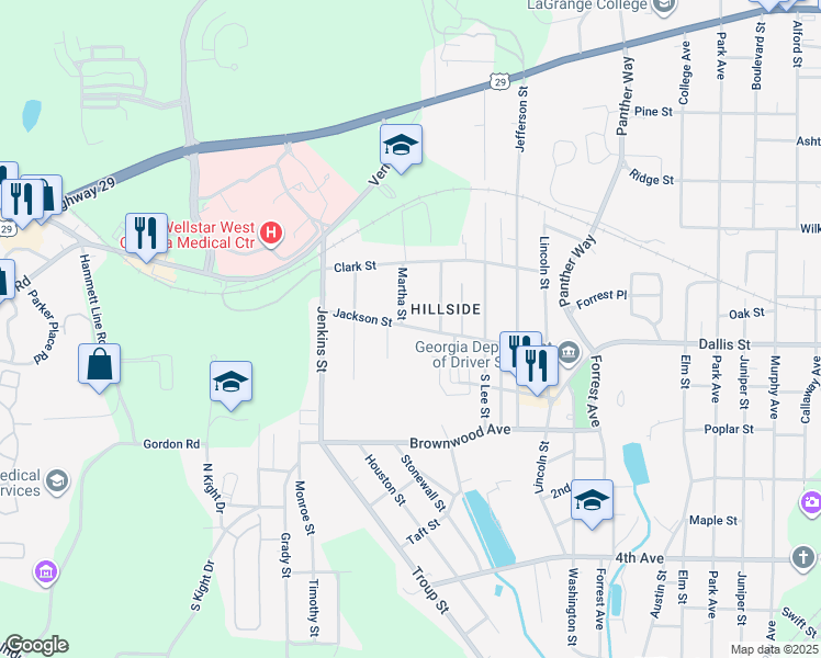 map of restaurants, bars, coffee shops, grocery stores, and more near 1612 Jackson Street in LaGrange