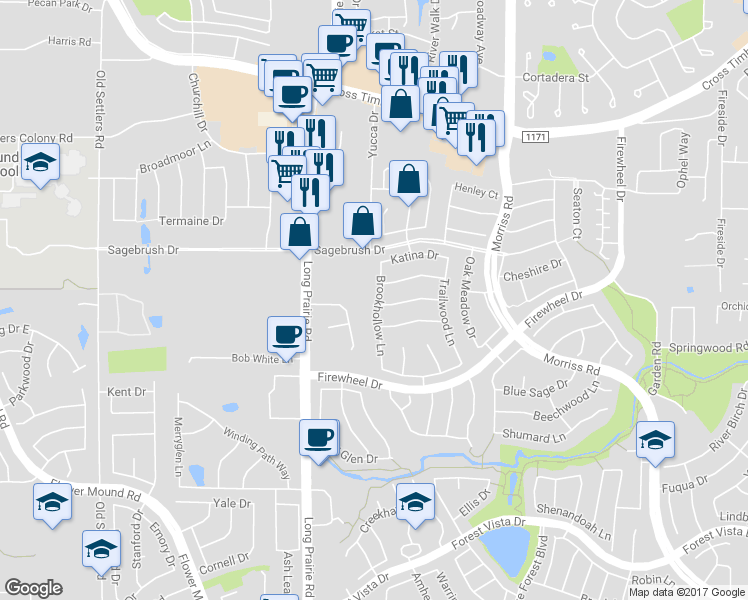 map of restaurants, bars, coffee shops, grocery stores, and more near 3105 Brookhollow Lane in Flower Mound