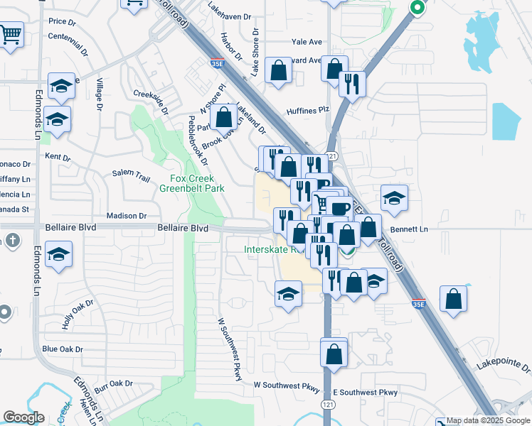 map of restaurants, bars, coffee shops, grocery stores, and more near 223 Oakwood Lane in Denton