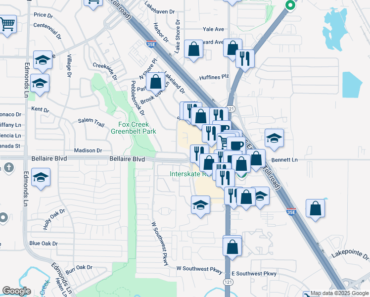 map of restaurants, bars, coffee shops, grocery stores, and more near 223 Oakwood Ln in Denton