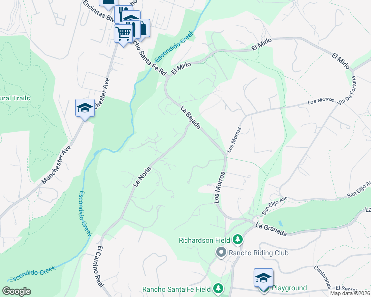 map of restaurants, bars, coffee shops, grocery stores, and more near 4715 La Noria in Rancho Santa Fe