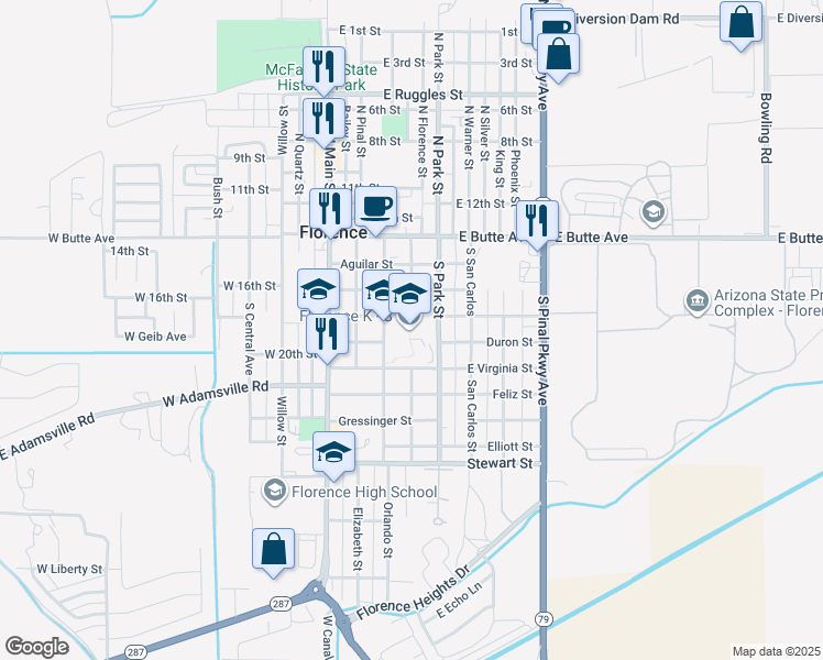 map of restaurants, bars, coffee shops, grocery stores, and more near 460 South Park Street in Florence
