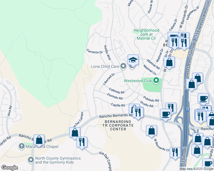 map of restaurants, bars, coffee shops, grocery stores, and more near 11124 Calenda Road in San Diego