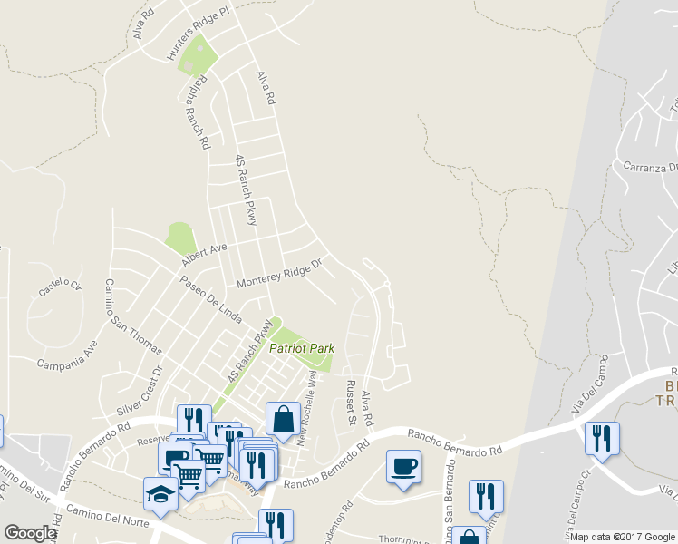 map of restaurants, bars, coffee shops, grocery stores, and more near 17119 Monterey Ridge Court in San Diego