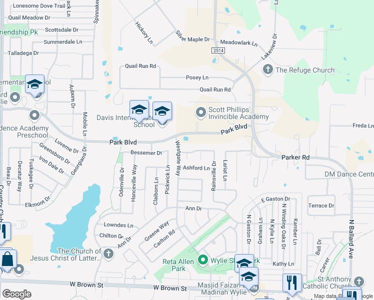 map of restaurants, bars, coffee shops, grocery stores, and more near 720 Cedar Bluff Drive in Wylie
