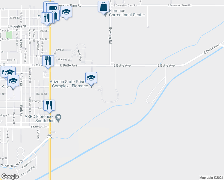 map of restaurants, bars, coffee shops, grocery stores, and more near 1155 North Pinal Parkway Avenue in Florence