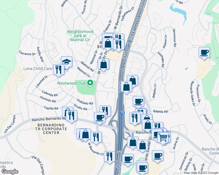 map of restaurants, bars, coffee shops, grocery stores, and more near 17307 Ruette Abeto in San Diego