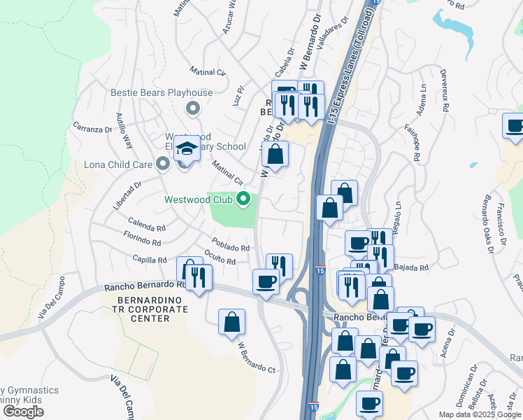 map of restaurants, bars, coffee shops, grocery stores, and more near 17269 West Bernardo Drive in San Diego