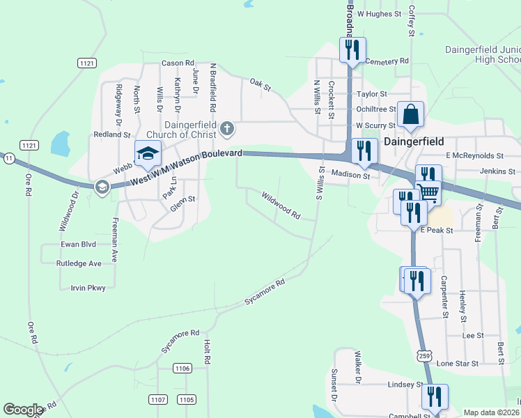 map of restaurants, bars, coffee shops, grocery stores, and more near 801 Wildwood Road in Daingerfield