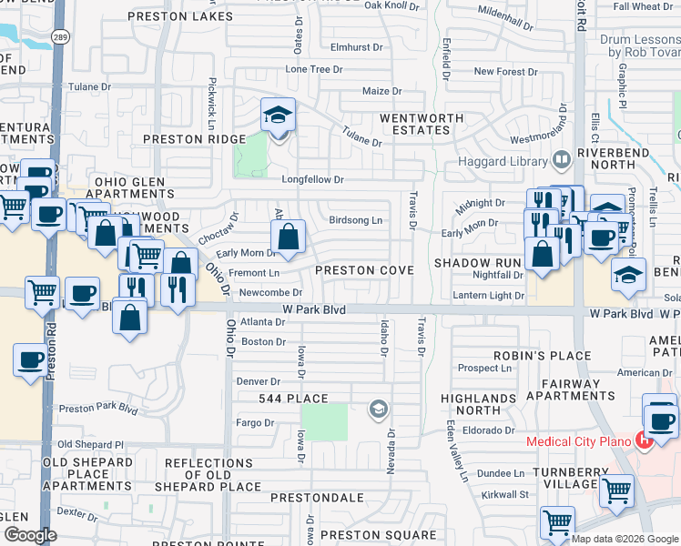 map of restaurants, bars, coffee shops, grocery stores, and more near 4440 Fremont Lane in Plano