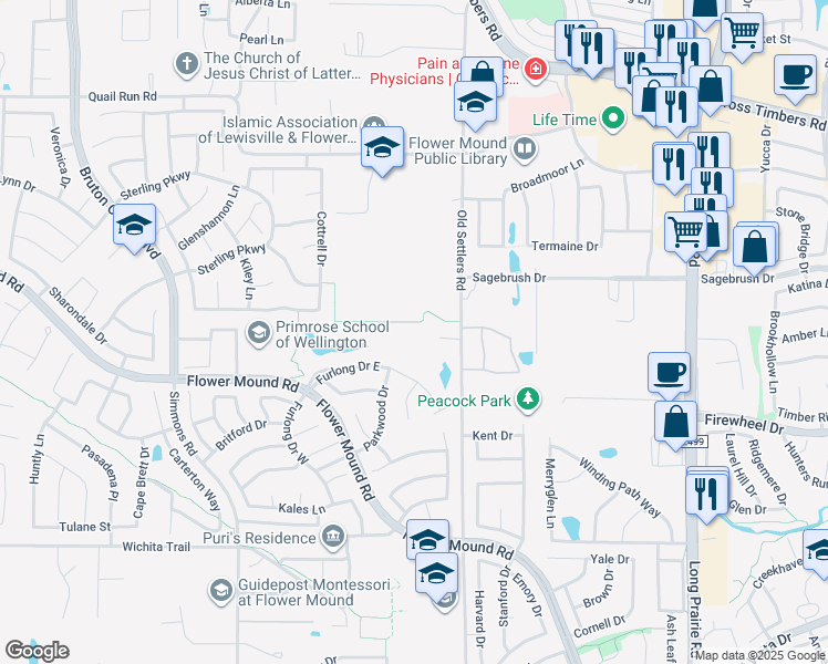 map of restaurants, bars, coffee shops, grocery stores, and more near 3131 Old Settlers Road in Flower Mound
