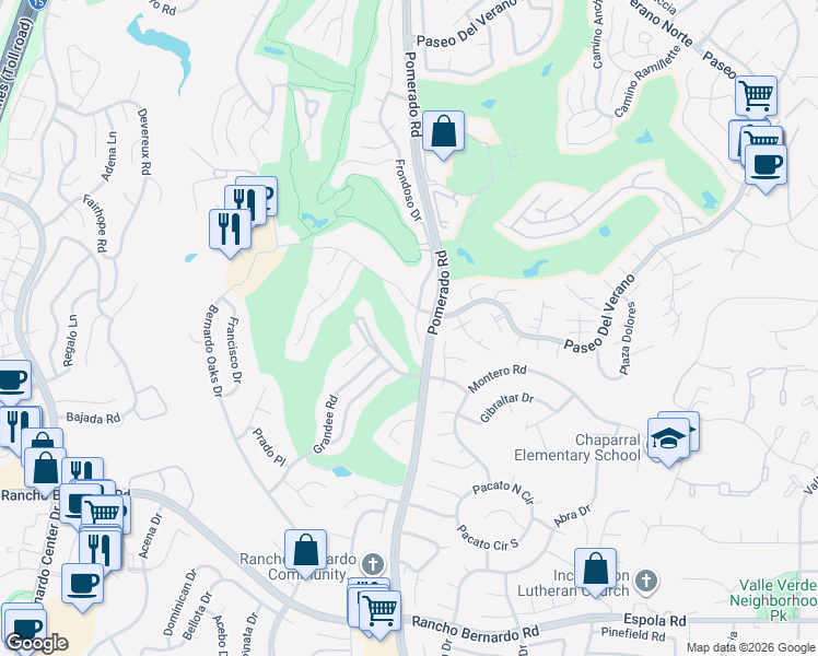 map of restaurants, bars, coffee shops, grocery stores, and more near 17380 Frondoso Drive in San Diego