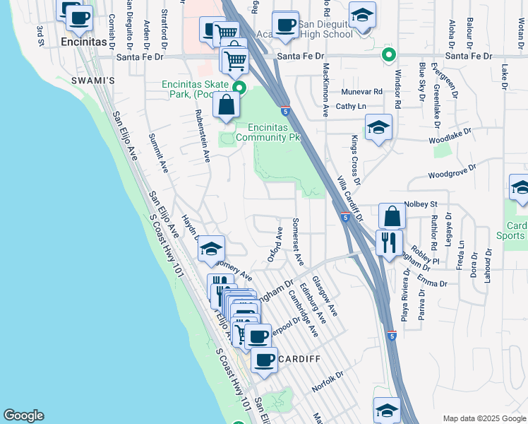 map of restaurants, bars, coffee shops, grocery stores, and more near 502 Sheffield Avenue in Encinitas
