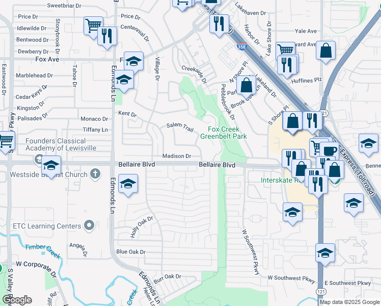 map of restaurants, bars, coffee shops, grocery stores, and more near 825 Madison Drive in Lewisville