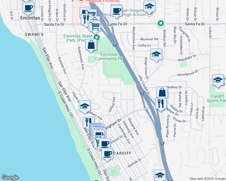 map of restaurants, bars, coffee shops, grocery stores, and more near 518 Sheffield Avenue in Encinitas