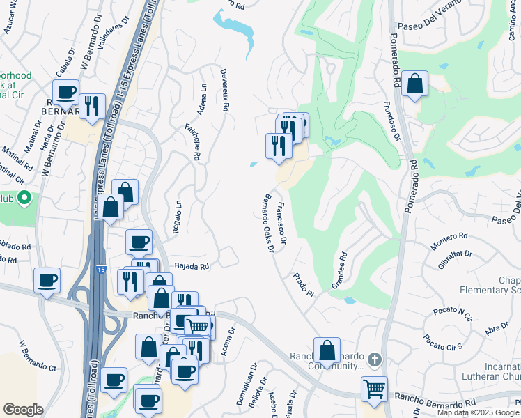 map of restaurants, bars, coffee shops, grocery stores, and more near 12150 Bernardo Oaks Court in San Diego