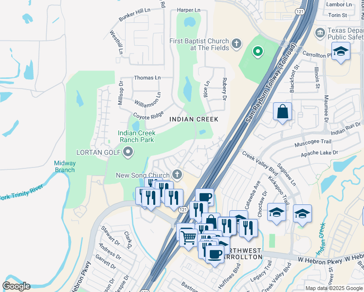 map of restaurants, bars, coffee shops, grocery stores, and more near 1612 Kimble Drive in Carrollton