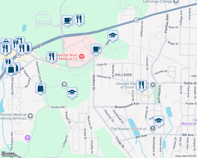 map of restaurants, bars, coffee shops, grocery stores, and more near in LaGrange