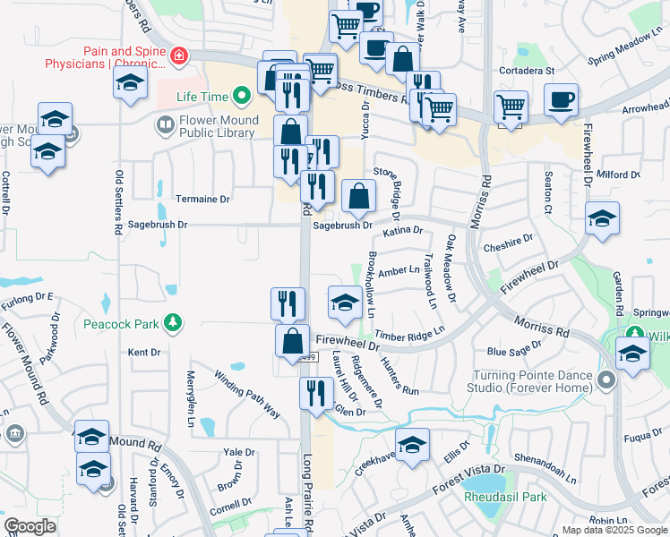 map of restaurants, bars, coffee shops, grocery stores, and more near 2640 Surrey Woods Road in Flower Mound