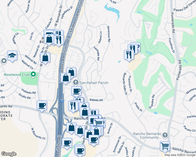 map of restaurants, bars, coffee shops, grocery stores, and more near 17373 Graciosa Court in San Diego