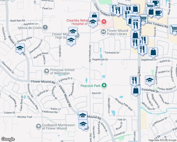 map of restaurants, bars, coffee shops, grocery stores, and more near 3200 Walnut Grove Place in Flower Mound
