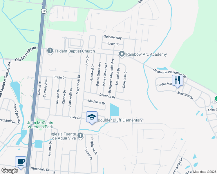 map of restaurants, bars, coffee shops, grocery stores, and more near 116 Evergreen Magnolia Avenue in Goose Creek
