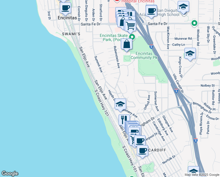 map of restaurants, bars, coffee shops, grocery stores, and more near 1645 Haydn Drive in Encinitas