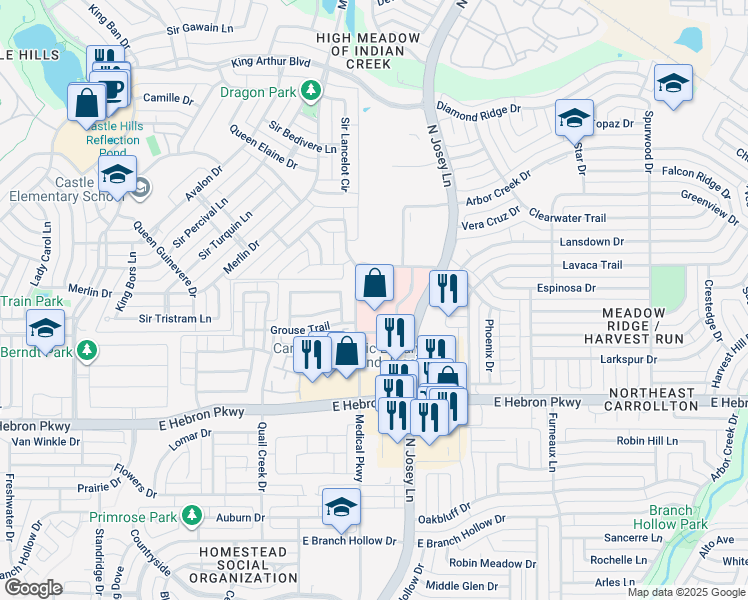 map of restaurants, bars, coffee shops, grocery stores, and more near 4333 Medical Parkway in Carrollton