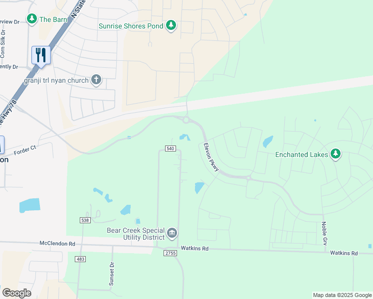 map of restaurants, bars, coffee shops, grocery stores, and more near 10019 County Road 540 in Lavon
