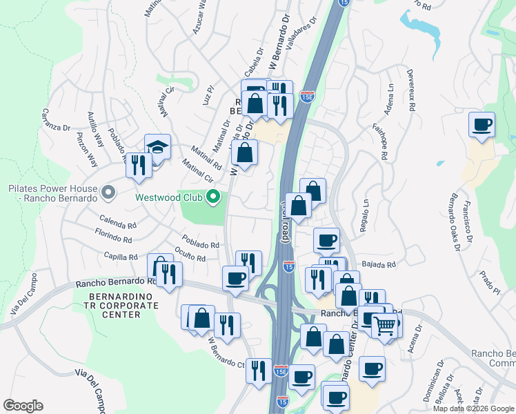 map of restaurants, bars, coffee shops, grocery stores, and more near 17307 Ruette Abeto in San Diego