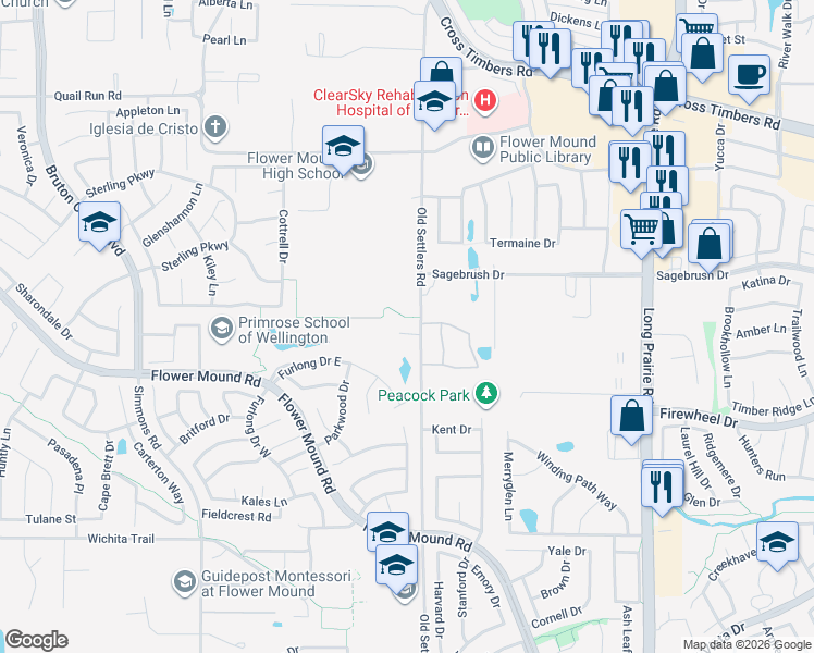 map of restaurants, bars, coffee shops, grocery stores, and more near 3200 Walnut Grove Place in Flower Mound