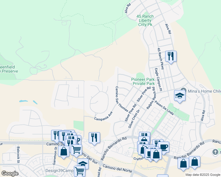 map of restaurants, bars, coffee shops, grocery stores, and more near 17235 Murano Lane in San Diego