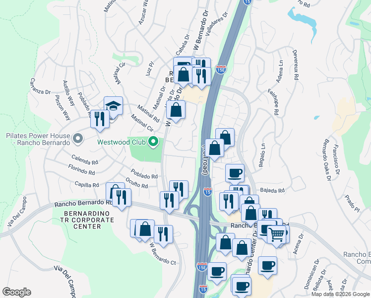 map of restaurants, bars, coffee shops, grocery stores, and more near 17307 Ruette Abeto in San Diego