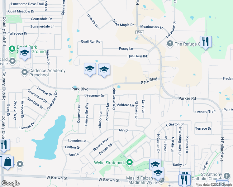 map of restaurants, bars, coffee shops, grocery stores, and more near 724 Cedar Bluff Drive in Wylie