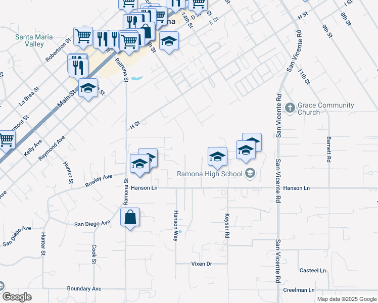 map of restaurants, bars, coffee shops, grocery stores, and more near 1208 Ledesma Lane in Ramona