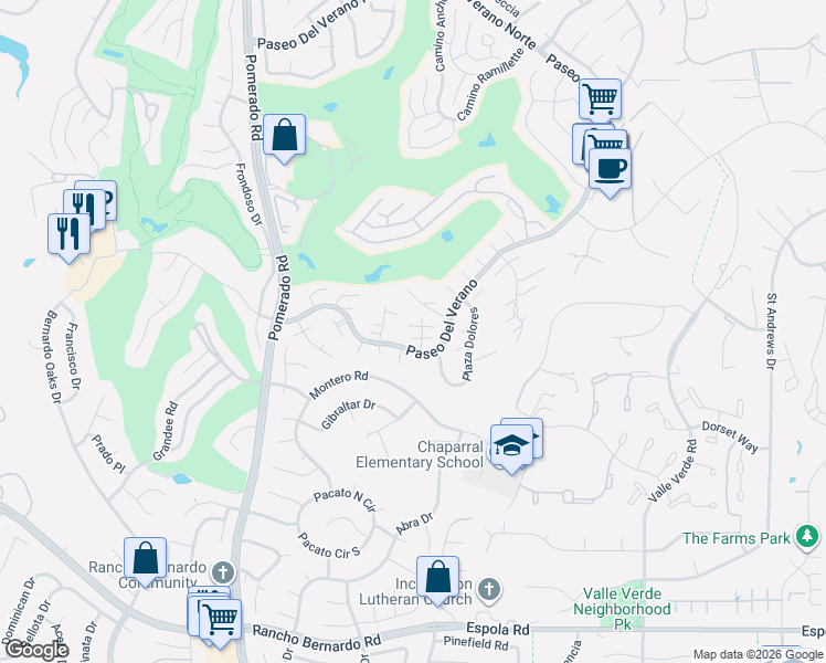 map of restaurants, bars, coffee shops, grocery stores, and more near 17452 Plaza Animado in San Diego